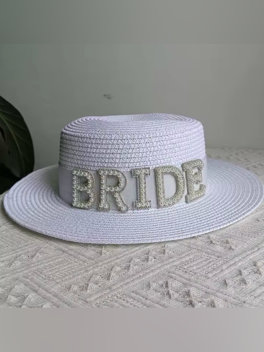 Macy's White Straw Boater Hat with Pearl 'BRIDE' Accent